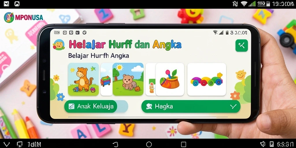 Antarmuka MPONUSA yang ceria dan interaktif untuk belajar huruf dan angka.